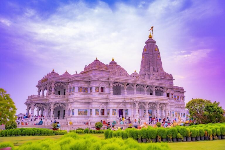 indian temple, vrindavan, mathura, radha krishna, pram temple, pram mandir, pram, temple, outdoor, religion, people, asia, india, religious, hindu, landscape, radha, mandir, sunset, krishna, sky, architecture, prem, white, nature, building